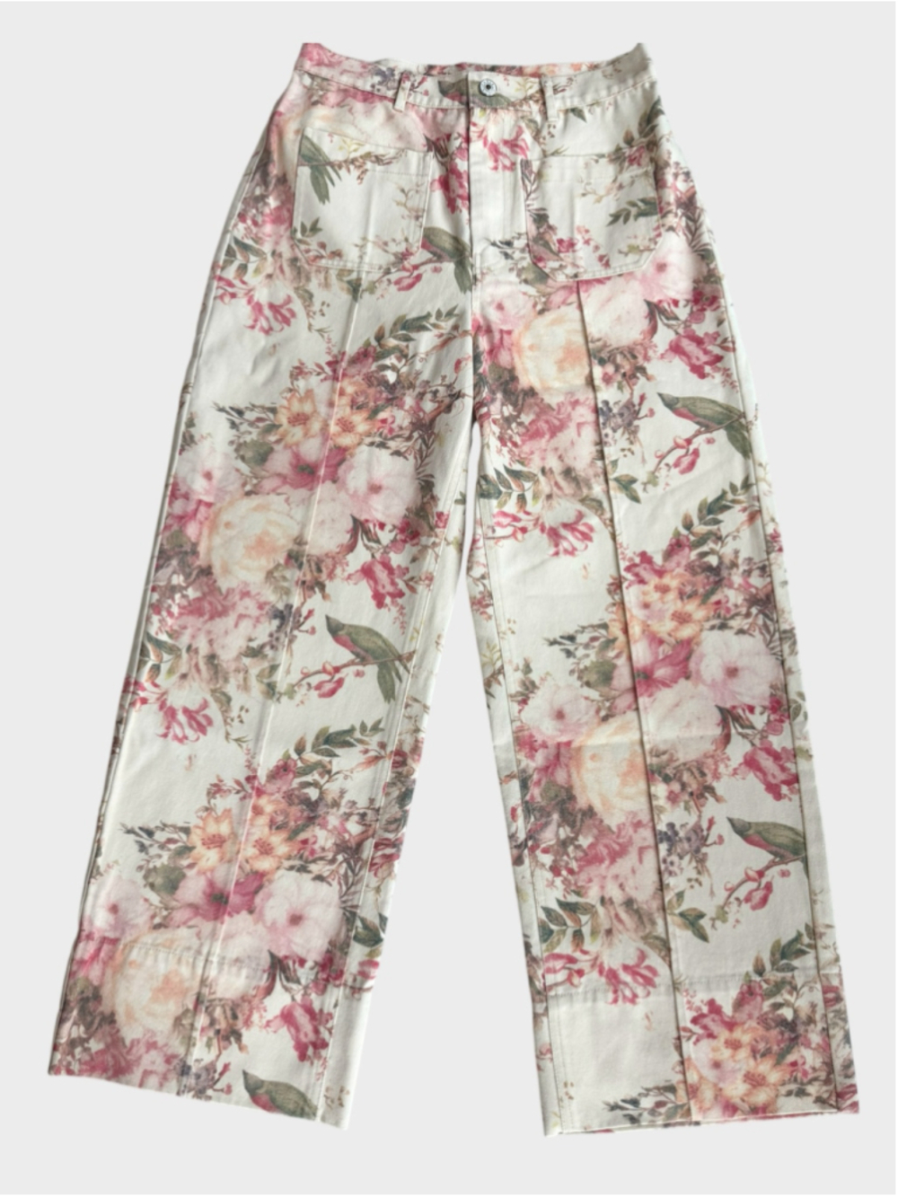 Entro Floral Print Wide Leg Twill Denim Pants